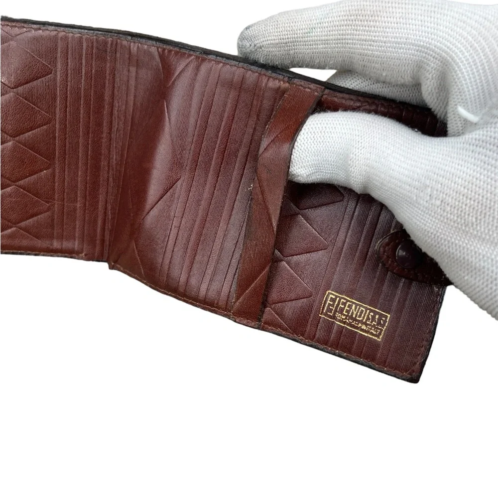 Vintage Fendi Brown Leather Wallet FF Design Snap Closure Used Condition